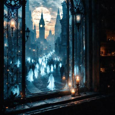 The primary subject of the image is a group of ghosts walking down a street at night. The setting is a city street with a clock tower in the background. The visual style is a digital art or illustration, creating a surreal and eerie atmosphere. The dominant colors are blue and white, with the ghosts appearing as blue silhouettes against the white background.